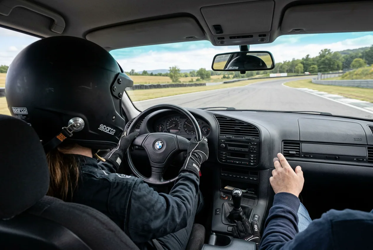 Vista desde atras del alumno manejando el BMW E36 por primera vez con el instructor guiando, interior de fabrica con volante a la izquierda