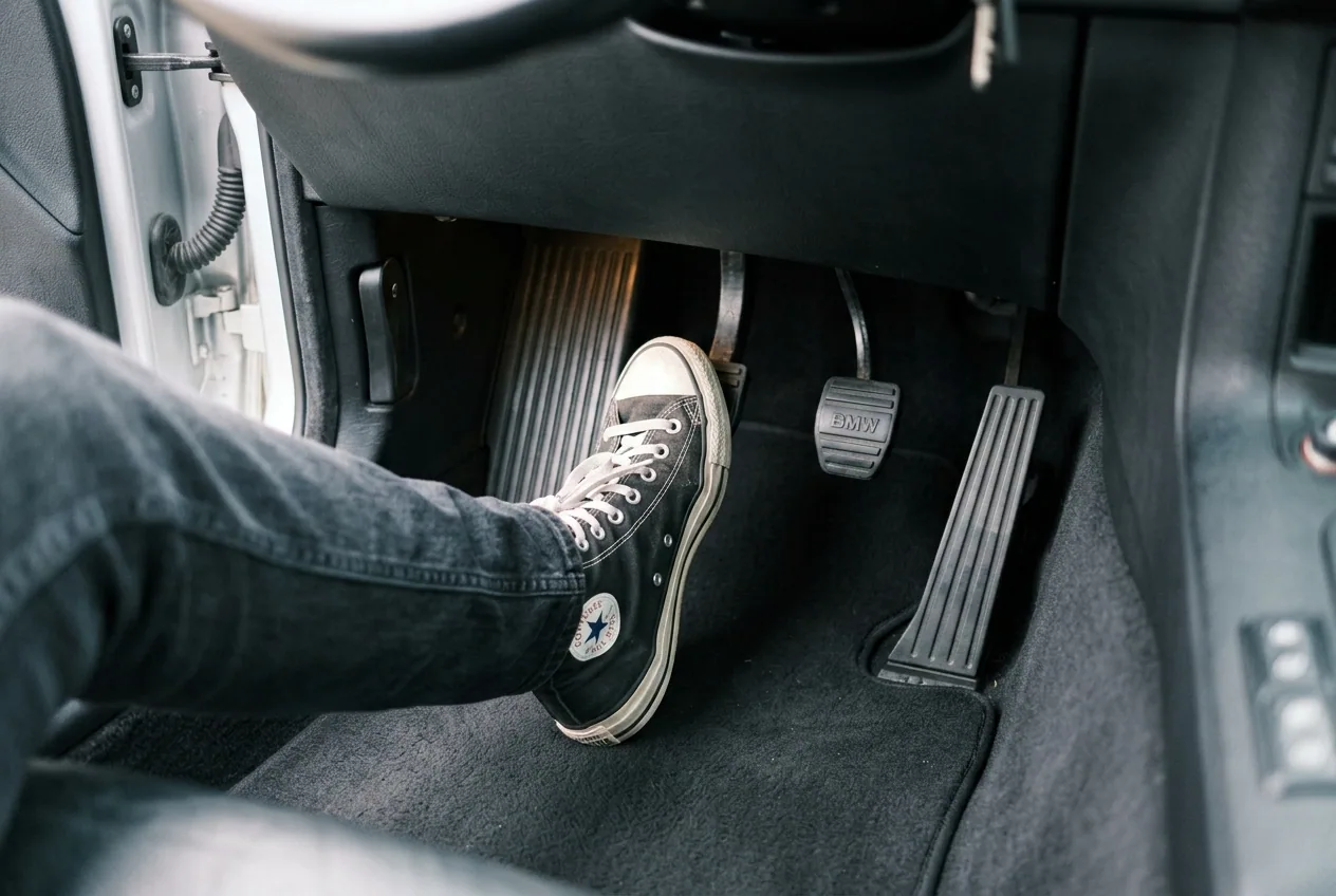 Pie izquierdo sobre el pedal de embrague en el habitaculo limpio y de fabrica del BMW E36: usar embrague por primera vez