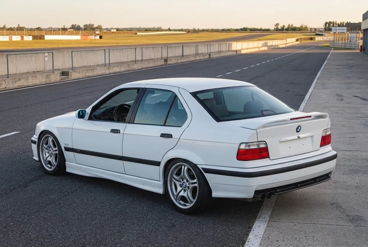BMW E36 blanco de traccion trasera en tres cuartos trasero, con su spoiler de labio en el baul: el auto que vas a manejar
