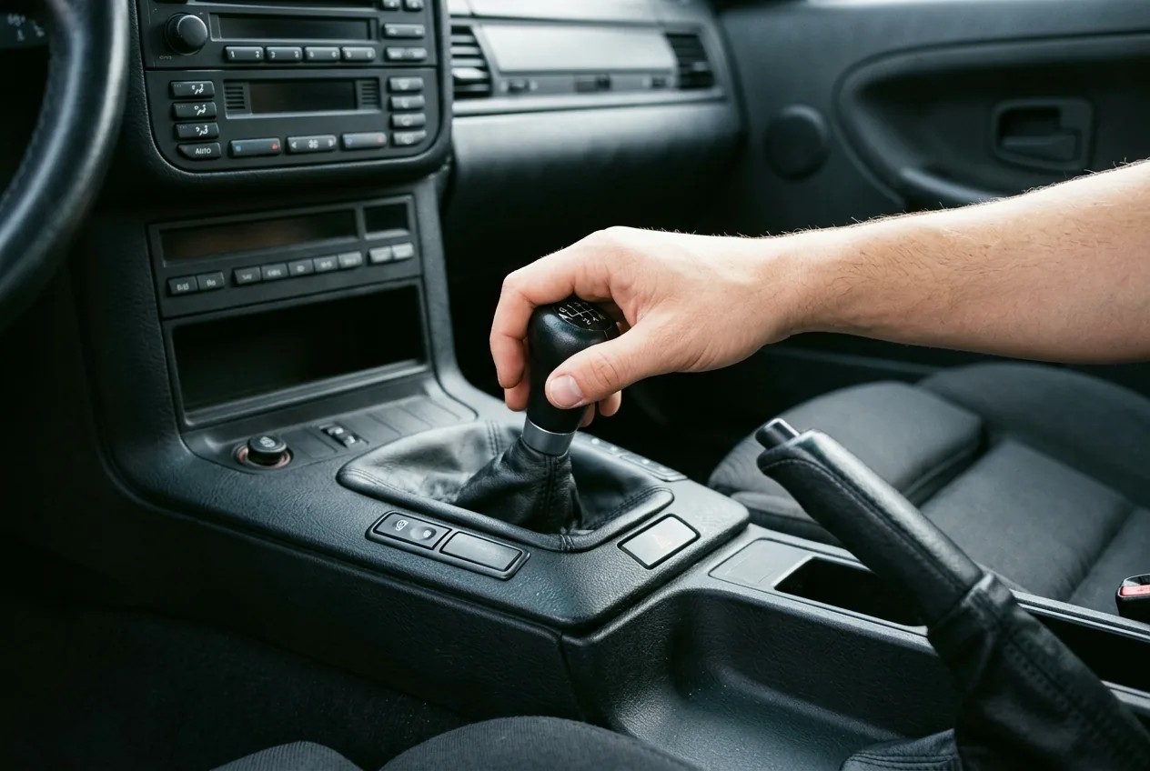 Mano sobre la palanca de cambios manual del BMW E36: el drift se hace con caja manual, es el estandar
