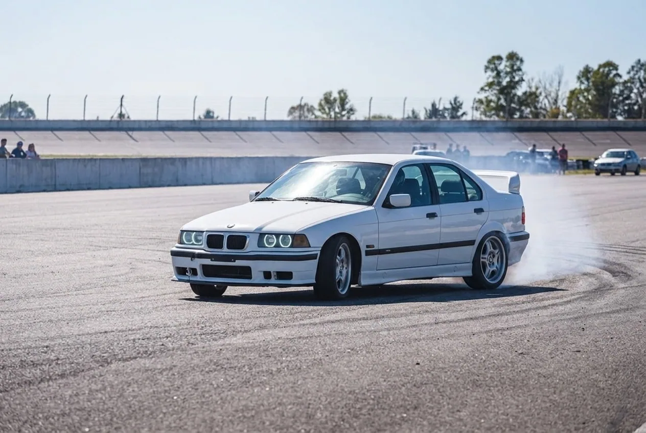 BMW E36 blanco haciendo un donut tranquilo y controlado: el embrague se vuelve natural al final de la sesion