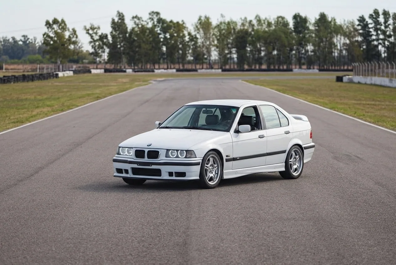 BMW E36 blanco solo en una pista cerrada y vacia: un entorno controlado y sin presion para aprender el embrague