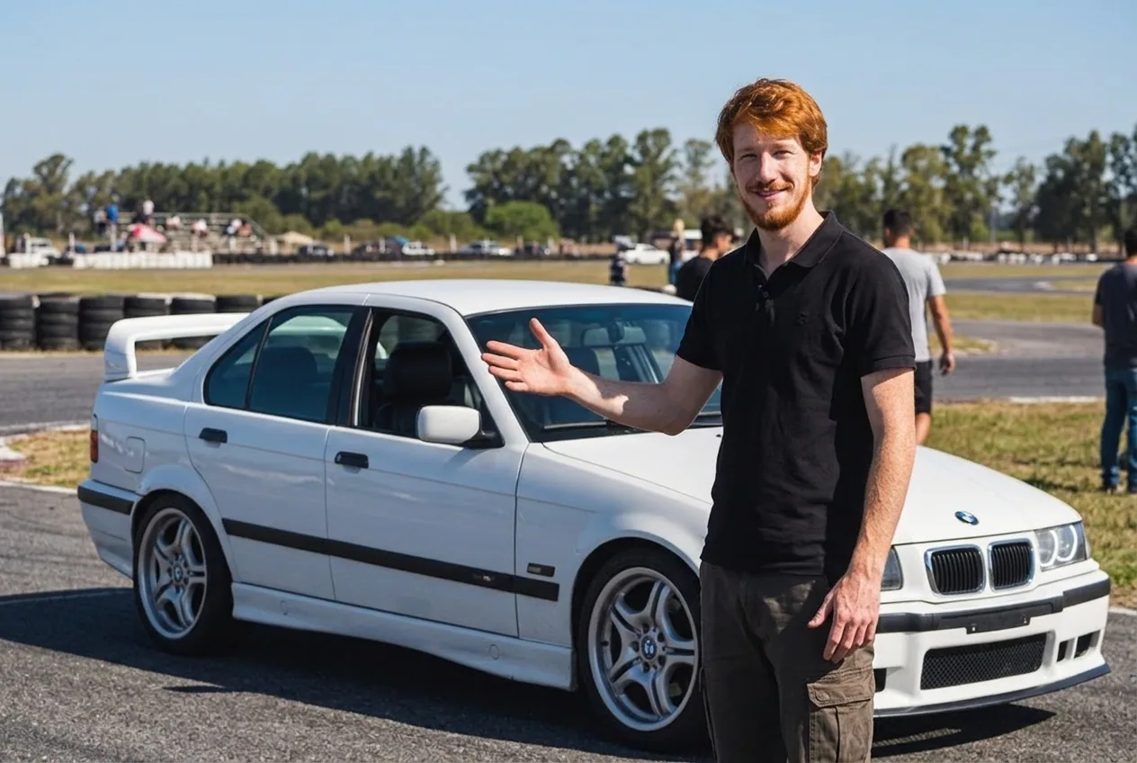 Instructor pelirrojo invitando con un gesto amable junto al BMW E36 blanco: si tenes dudas, consultanos antes