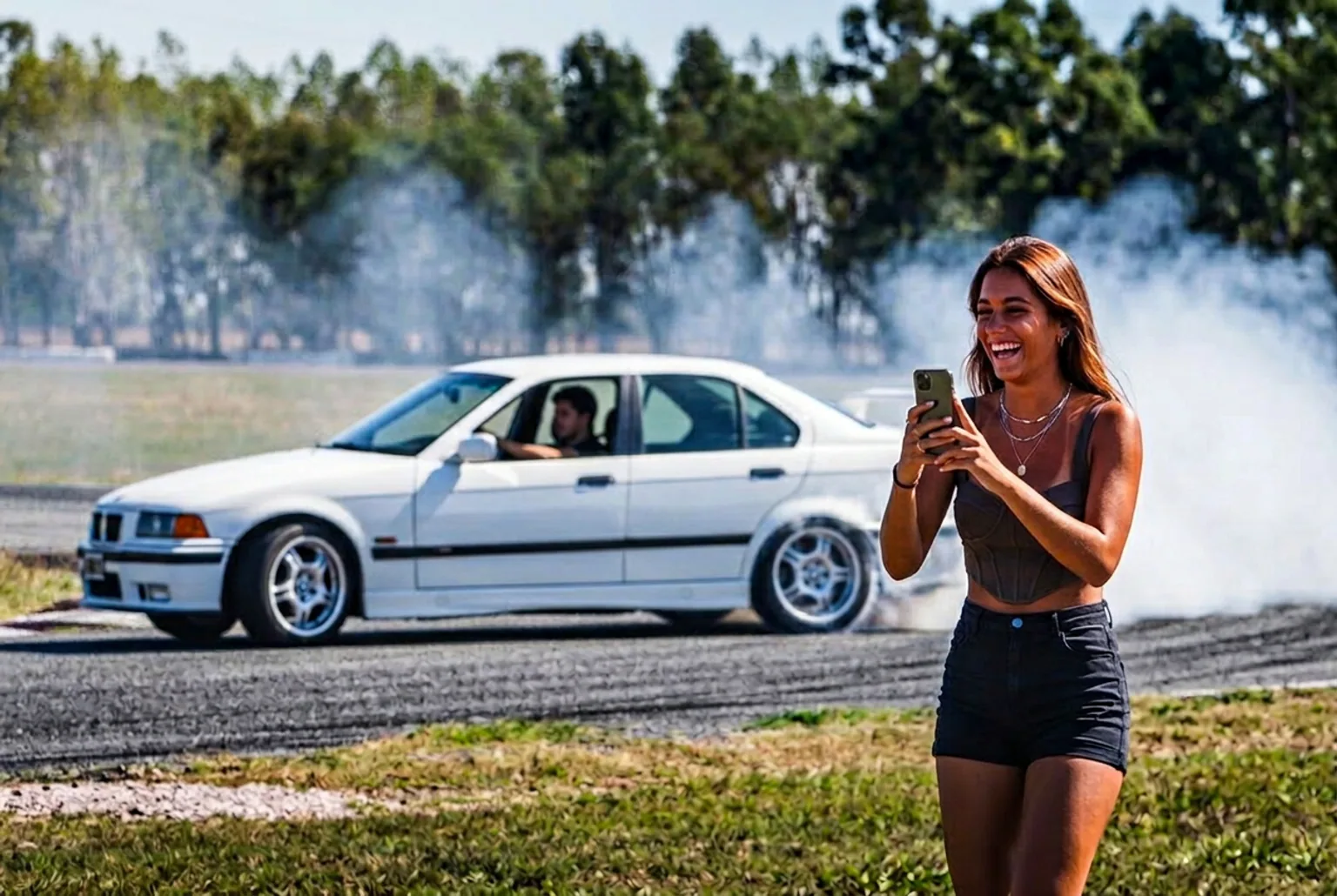 Novia filmando con el celular a su novio fierrero mientras derrapa el BMW E36 en la pista