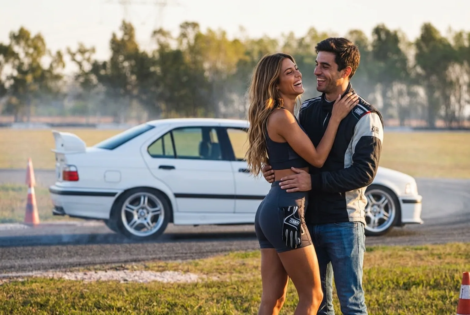 Pareja en el autodromo despues de la clase de drift con el BMW E36 de fondo, regalo para novio fierrero
