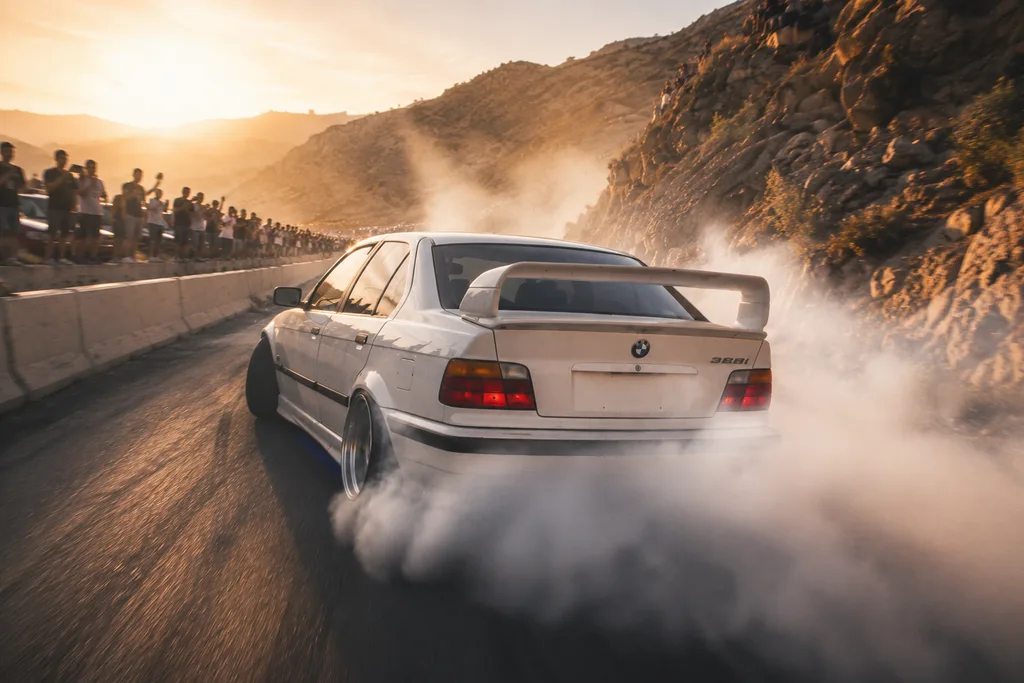 BMW E36 derrapando en pista cerrada, regalo original para novio en Buenos Aires