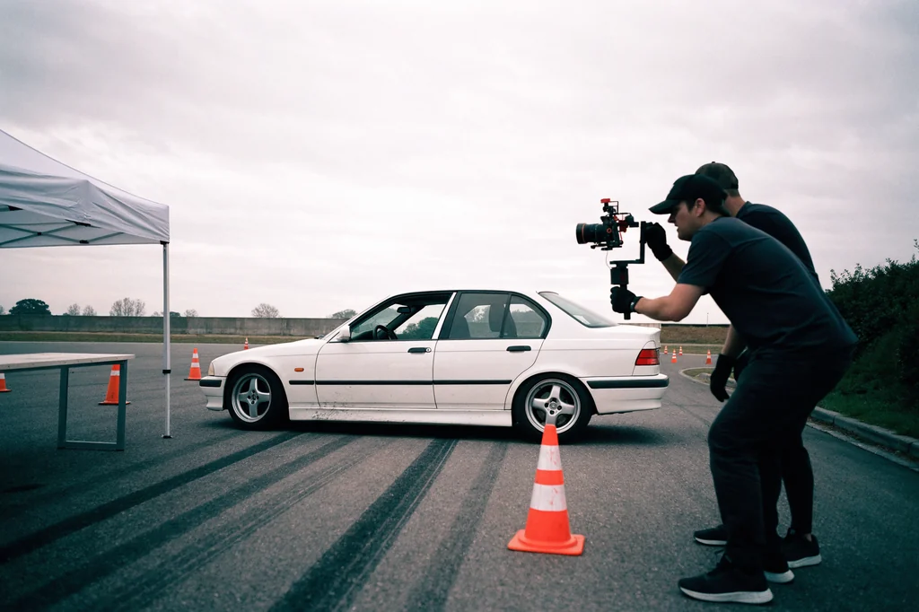 BMW sedan blanco detenido en pista junto a una carpa blanca sin marca, con un equipo de dos personas filmandolo con una camara en gimbal