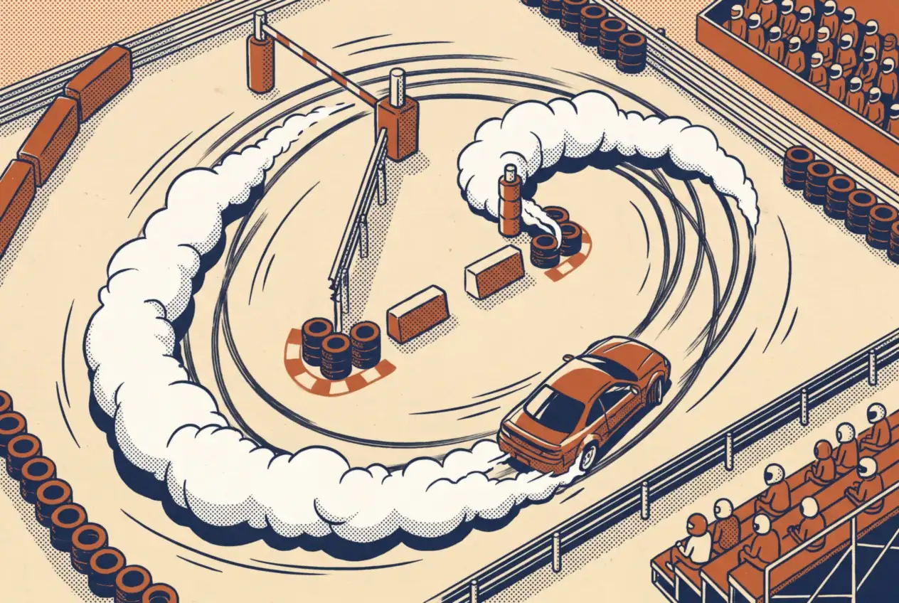 Vista aérea de un circuito de drift con obstáculos, con un auto cruzado dejando una estela de humo