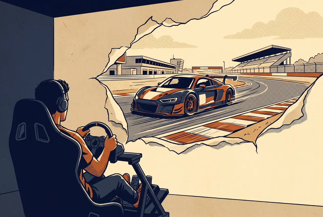 Jugador de espaldas en un simulador de carreras frente a un circuito real donde un auto GT toma una curva