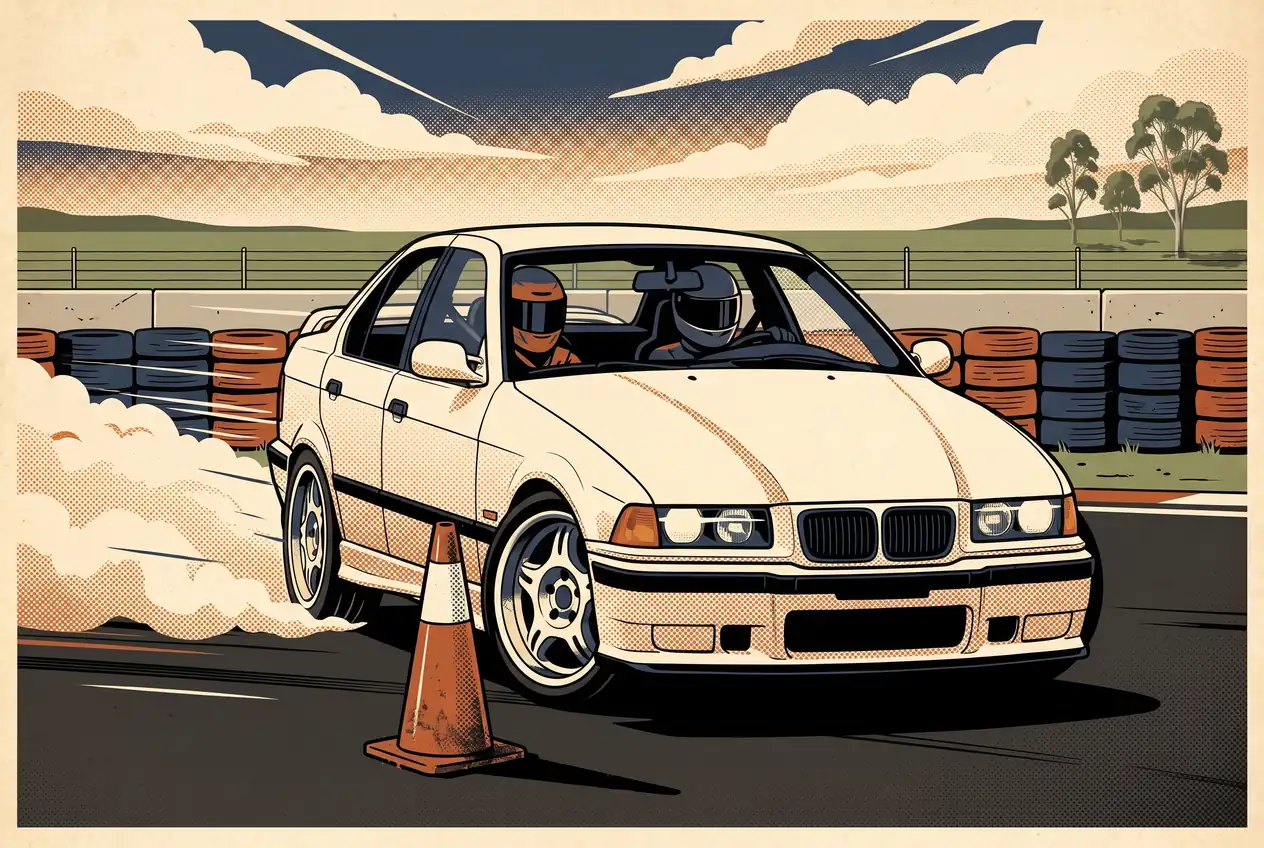 BMW E36 blanco de la escuela derrapando despacio junto a un cono en pista cerrada, con alumno e instructor