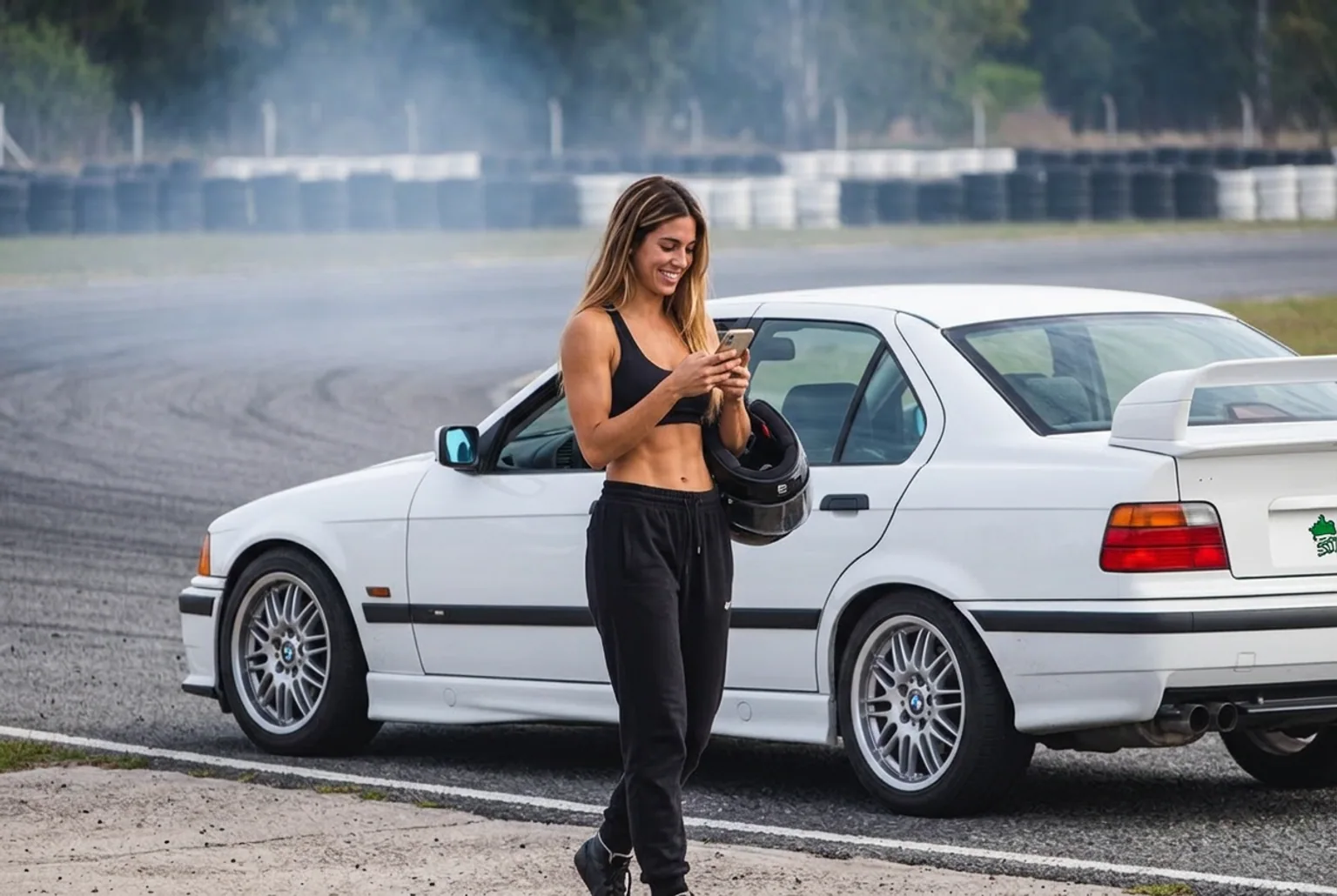 Mujer revisando en su celular el reel de humo recien grabado junto al BMW E36 de drift al costado de la pista