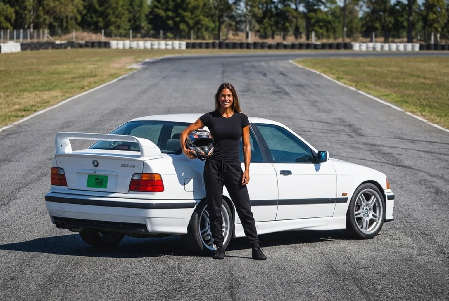 Mujer sola de pie junto al BMW E36 de drift en la pista cerrada, casco bajo el brazo, lista para su turno