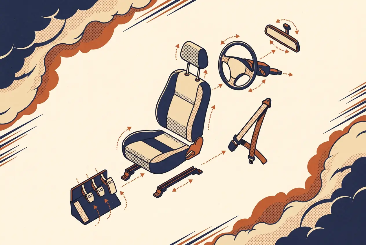 Despiece ilustrado del puesto de manejo: asiento, apoyacabezas, volante, espejo, cinturón y pedalera con flechas de ajuste