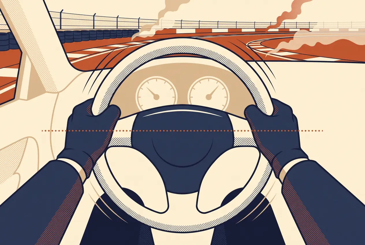 Manos enguantadas a las 9 y 3 sobre un volante con airbag, vistas desde el asiento del conductor, con un circuito cerrado al frente
