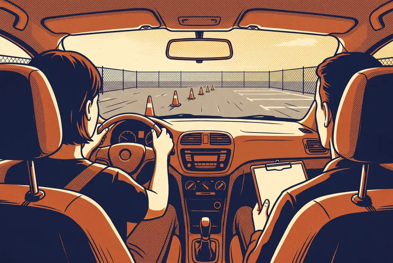 Examen de manejo visto desde atrás: alumno con las dos manos en el volante y examinador con planilla