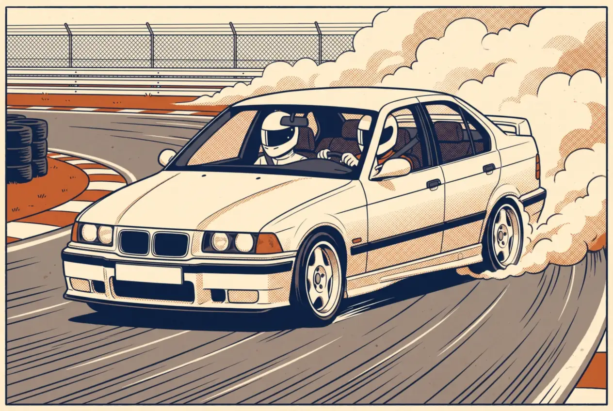 BMW E36 blanco derrapando en una curva de circuito cerrado, con alumno e instructor adentro, ambos con casco integral