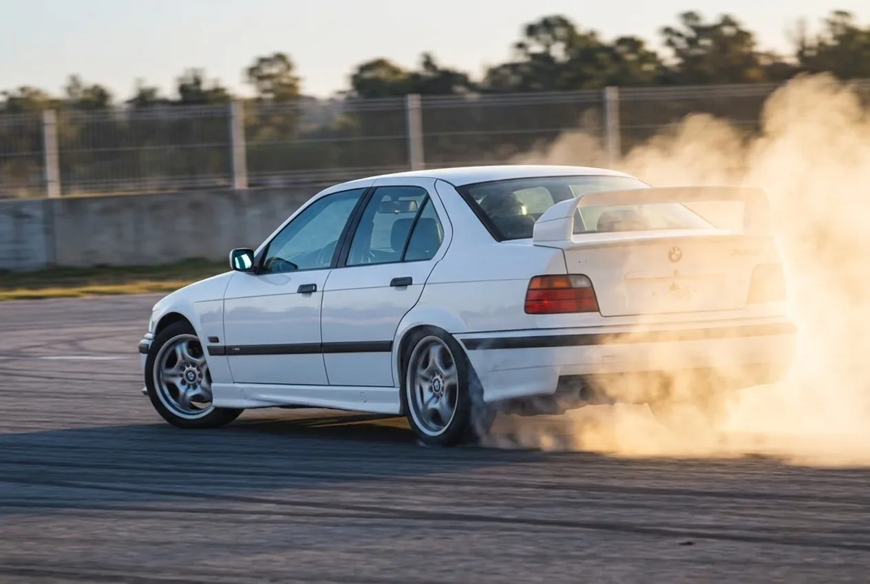 BMW E36 blanco en pleno drift sobre pista cerrada, regalo experiencia premium de hito en Argentina