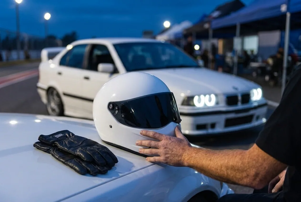 Casco y guantes sobre el guardabarros del BMW E36 blanco, veredicto sobre drift como regalo premium en Argentina