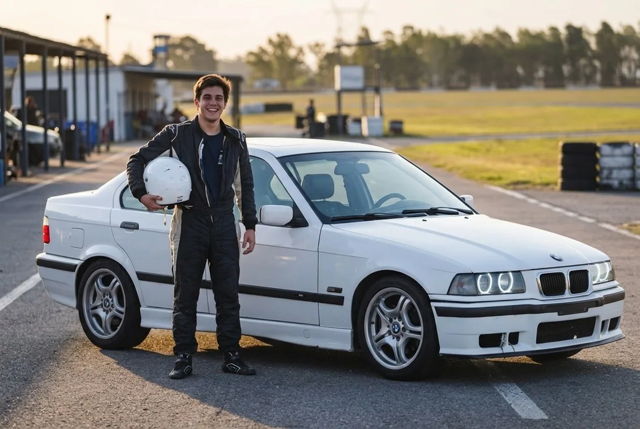 Alumno feliz con el casco en la mano junto al BMW E36 despues de su primera clase de drift