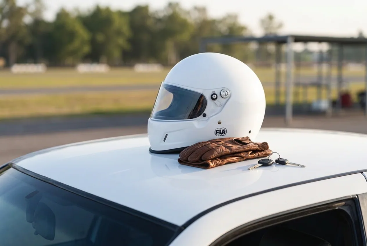 Casco homologado, guantes y llaves sobre el techo del BMW E36 blanco: preparandose para la primera clase
