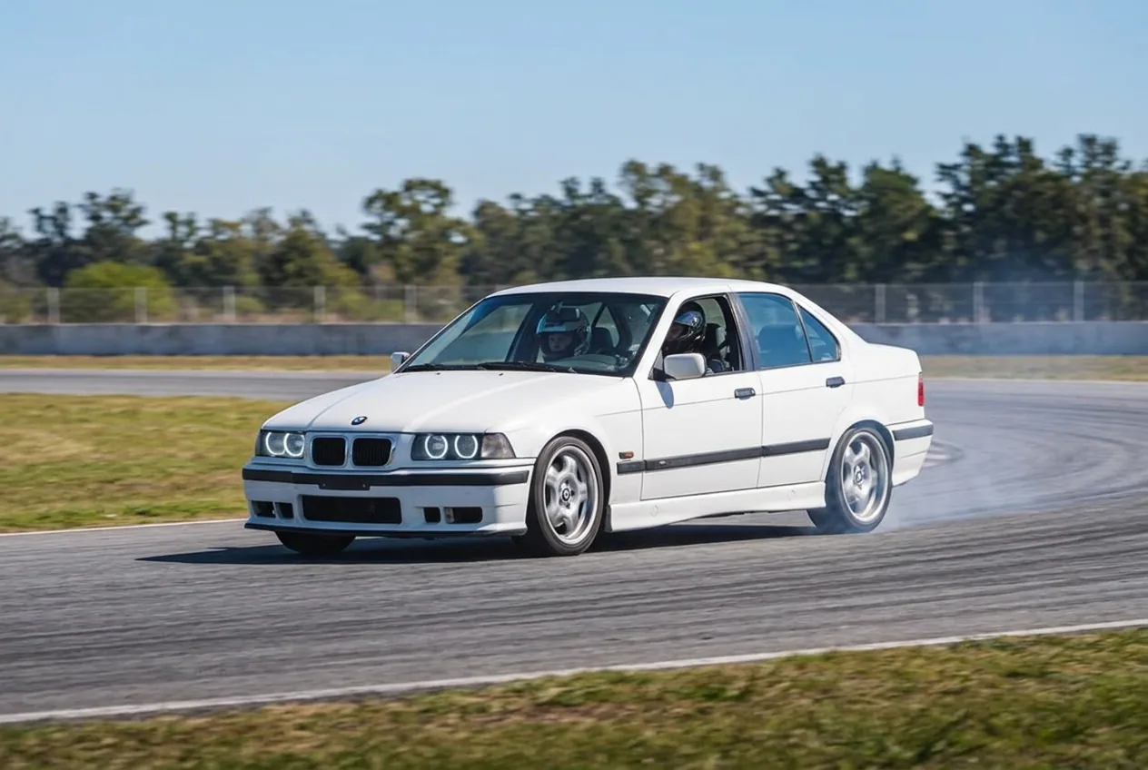 El BMW E36 blanco en una vuelta de aclimatacion con el instructor al volante y el alumno de acompanante