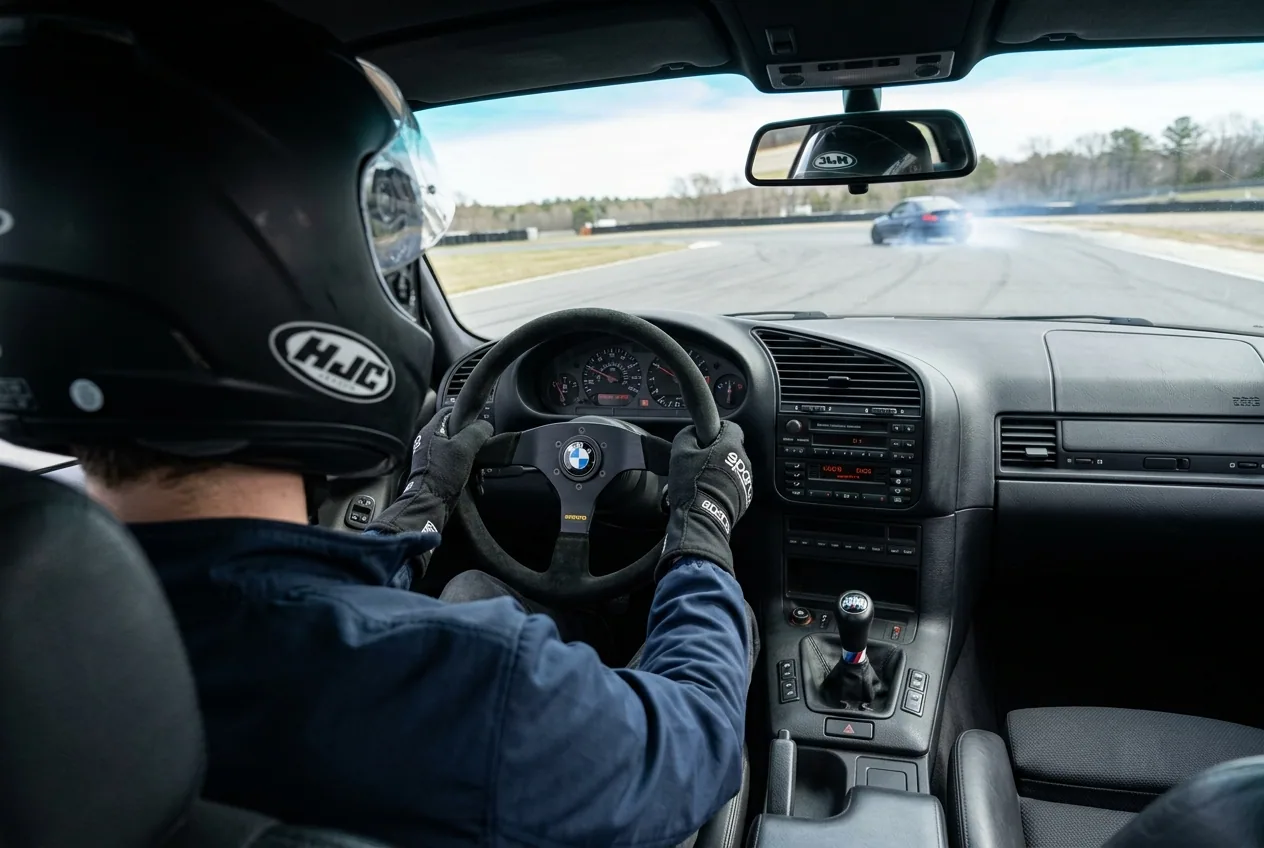 Vista desde atras del alumno manejando el BMW E36 por primera vez, manos al volante y la pista por delante