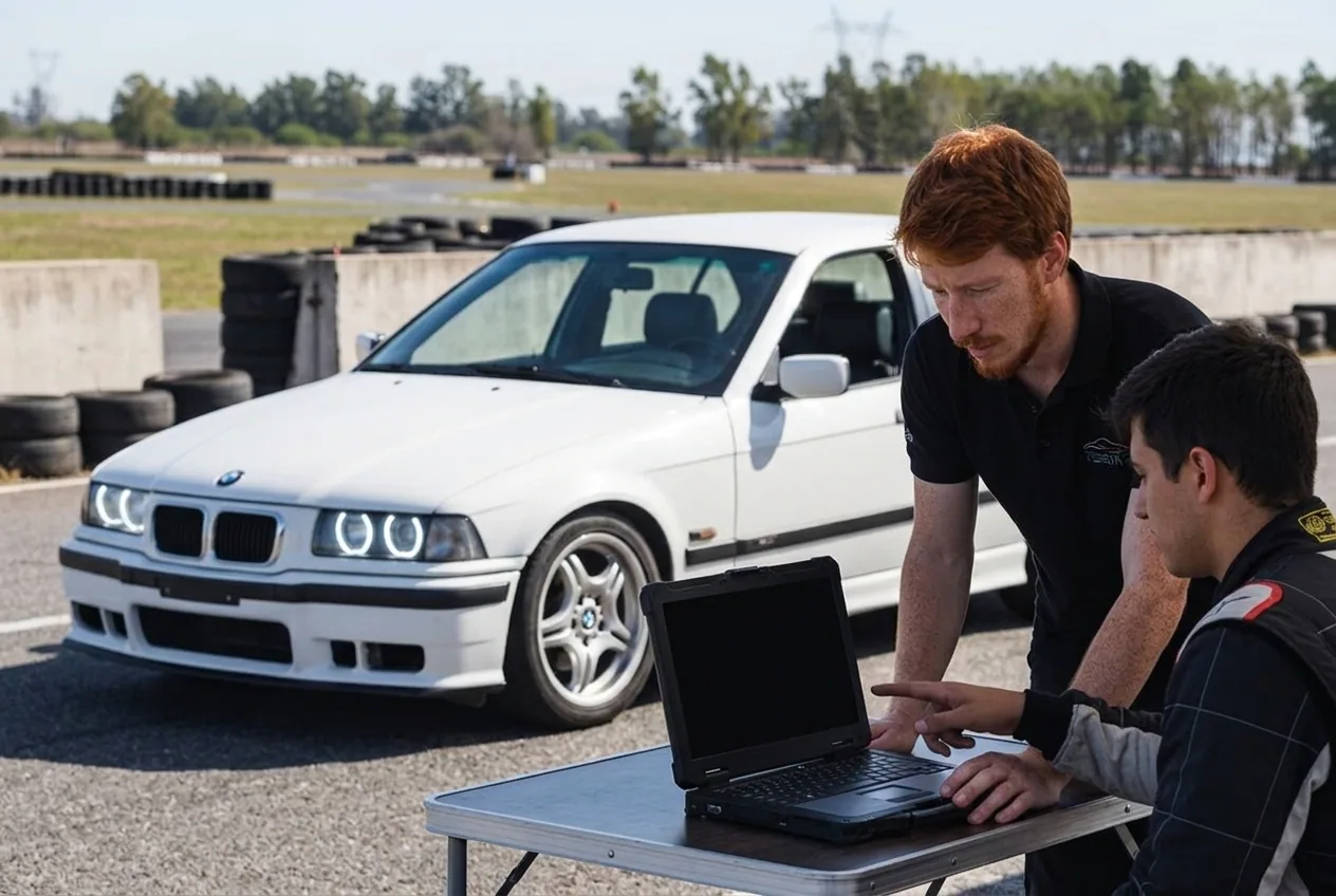 Instructor pelirrojo y alumno revisando el video de la sesion en una laptop, lo que suma el Drift Experience