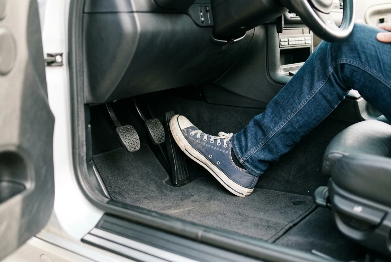 Pies con zapatillas de suela fina sobre los pedales del BMW E36: aprender a soltar el acelerador, no frenar