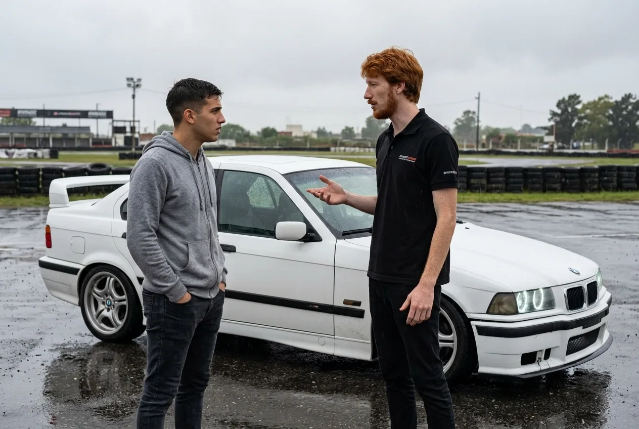 Instructor pelirrojo conversando con un alumno principiante junto al BMW E36 blanco sobre la pista humeda antes de su primera tanda de drift en Buenos Aires