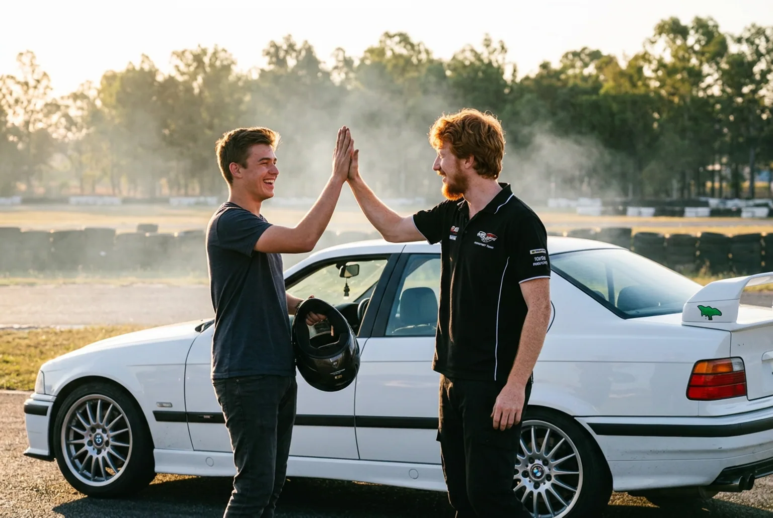 Alumno y el instructor pelirrojo chocando los cinco al lado del BMW E36 despues de la experiencia de drift en Buenos Aires