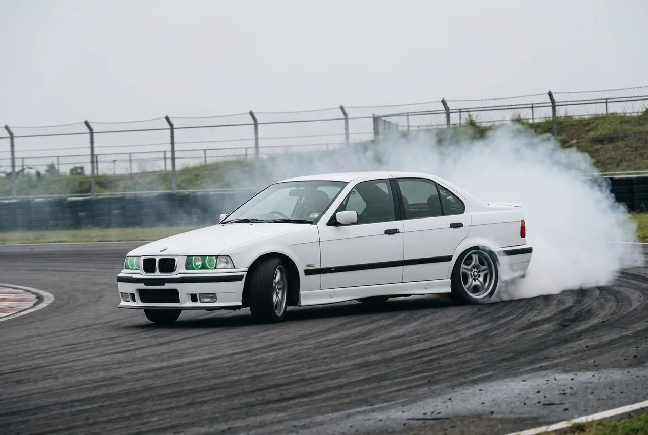Белый BMW E36 в заносе с дымом из-под колёс на закрытой трассе