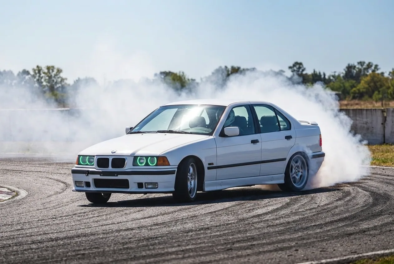 BMW E36 blanco en pleno derrape en una curva bajo sol fuerte, manejo con caja manual