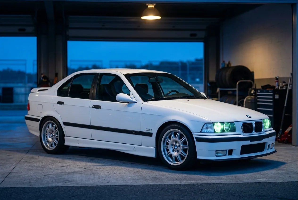 BMW E36 328i blanco manual en el box al anochecer, el auto de la escuela