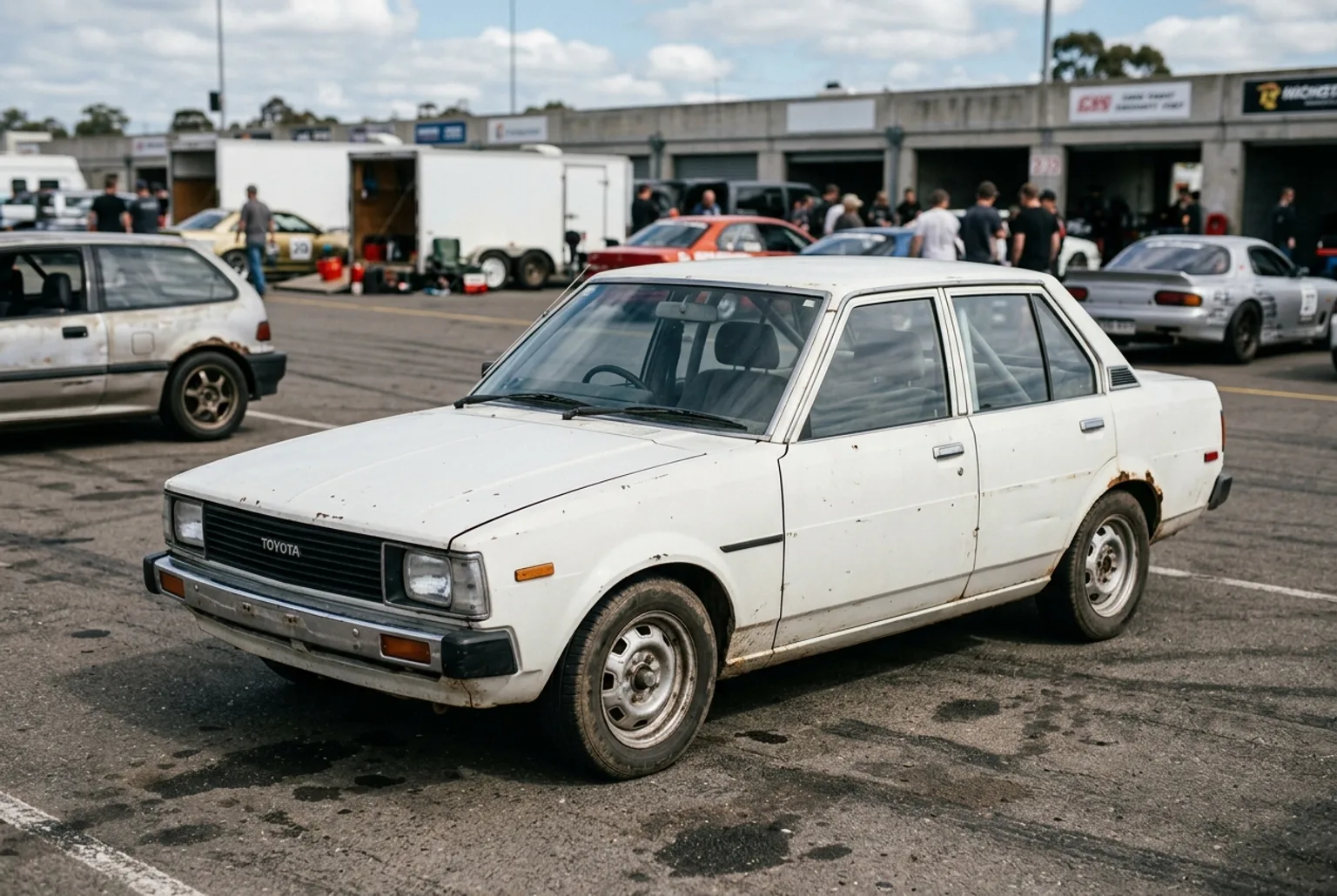 Toyota Corolla KE70 blanca vieja con pátina, base barata de drift, en el paddock de un autódromo