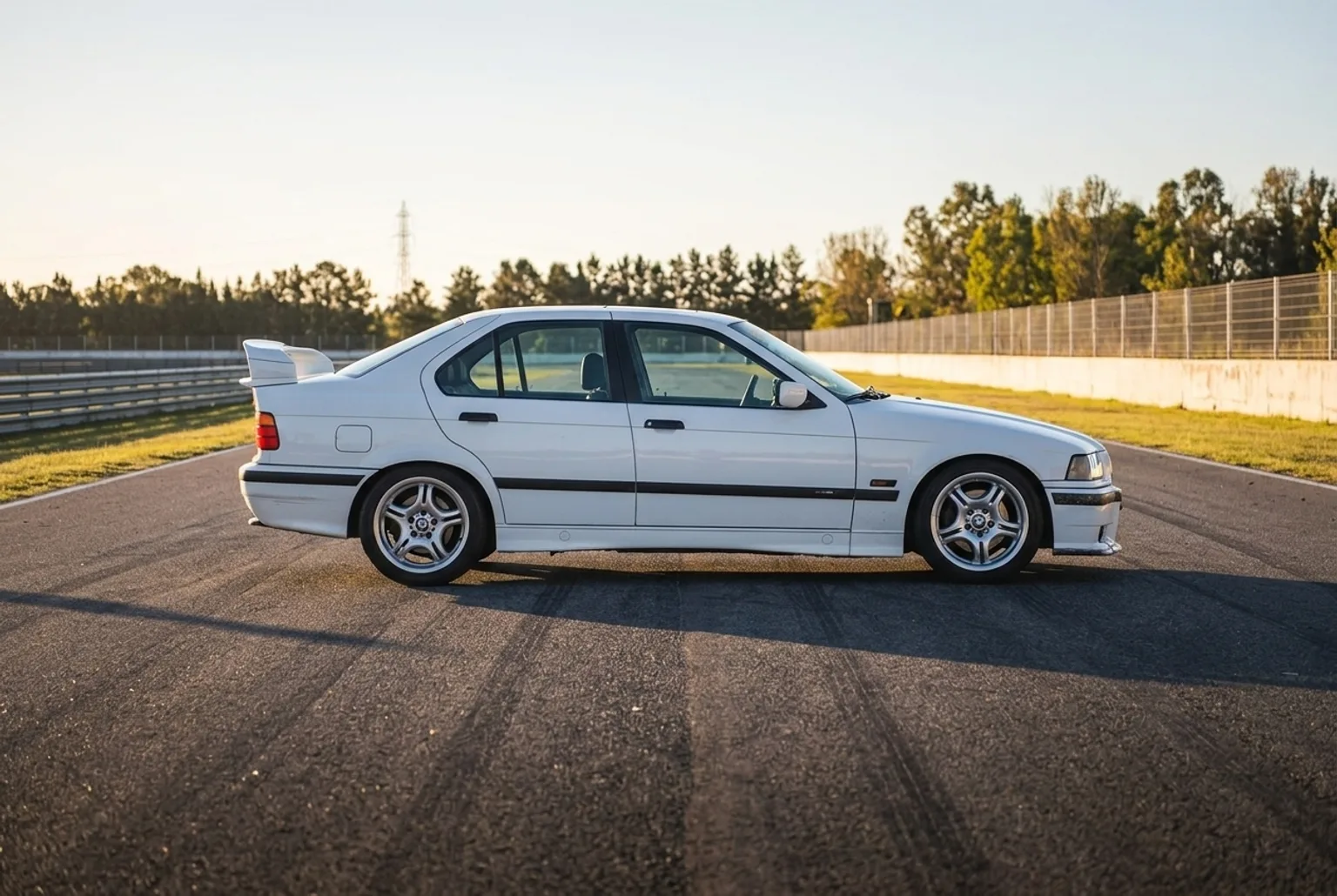 BMW E36 blanco de perfil sobre el asfalto de un autódromo con luz dorada del atardecer
