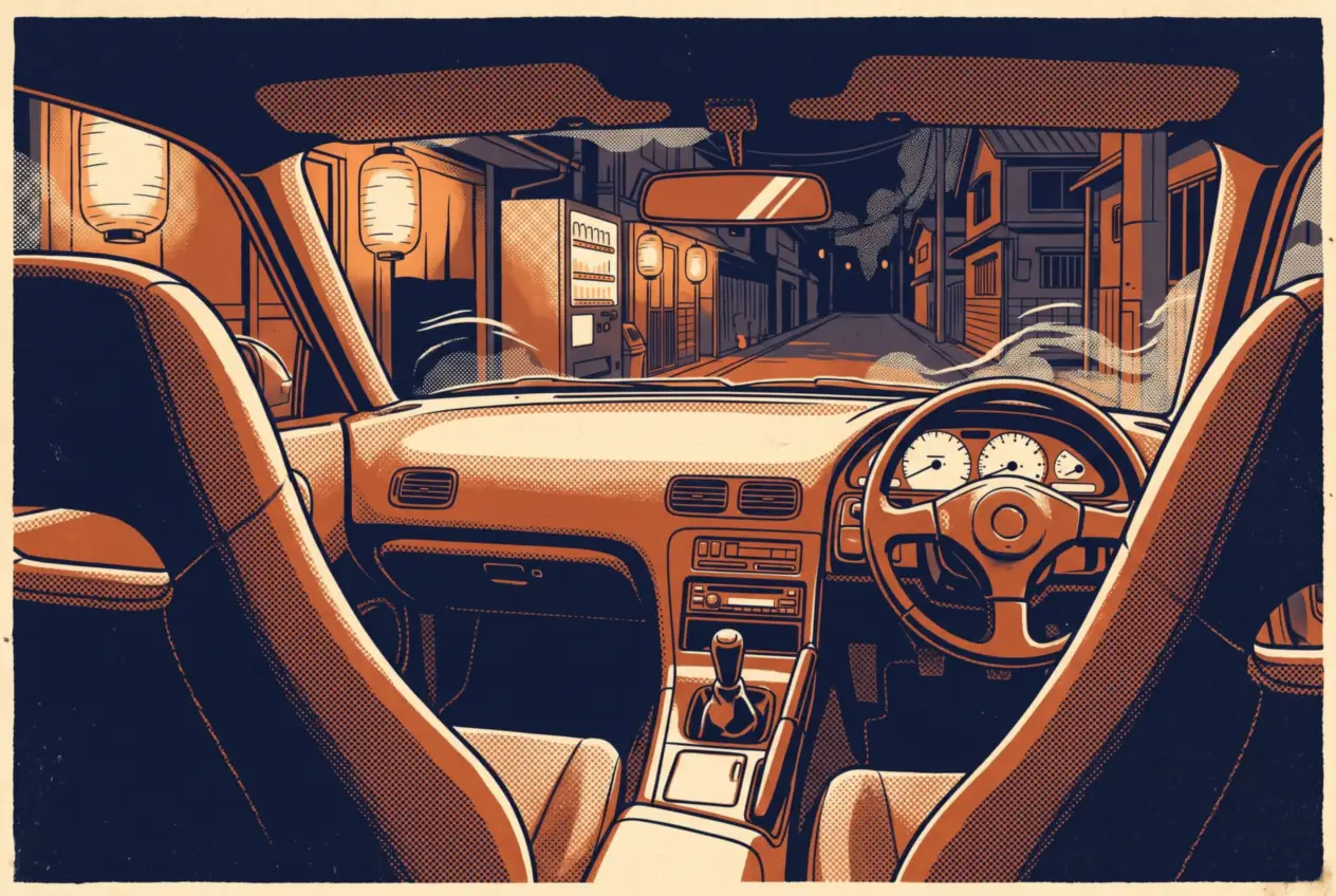 Interior de un deportivo japonés de los 90 con el volante a la derecha, estacionado de noche en Japón
