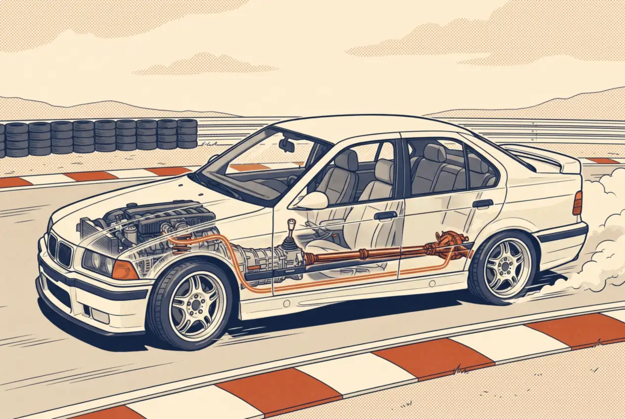Corte técnico del BMW E36 blanco en pista cerrada, con motor de seis en línea adelante y tracción trasera