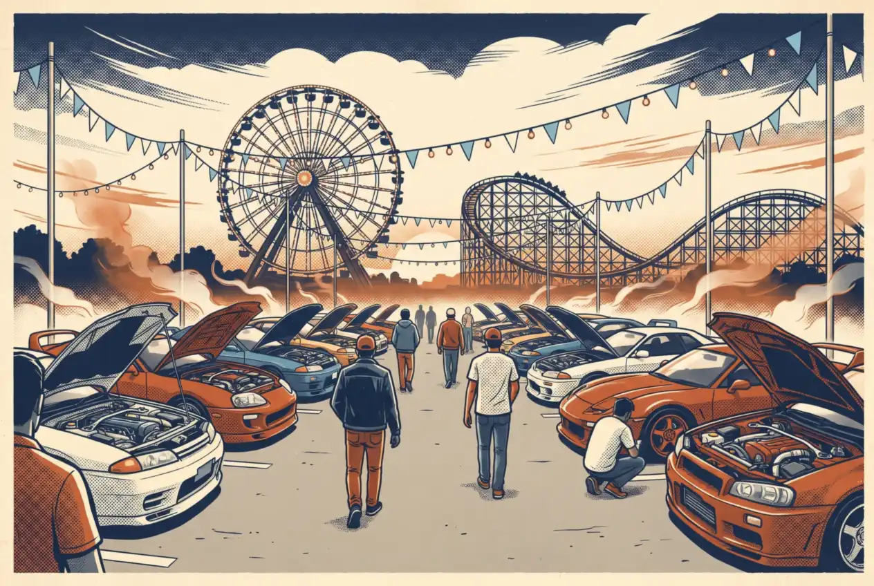 Exposición de autos japoneses con capós abiertos en un parque de diversiones, con vuelta al cielo y montaña rusa