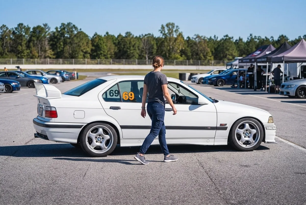 Aluno descansado e pronto ao lado de um BMW E36 de drift em pista fechada a 40-50 minutos de CABA