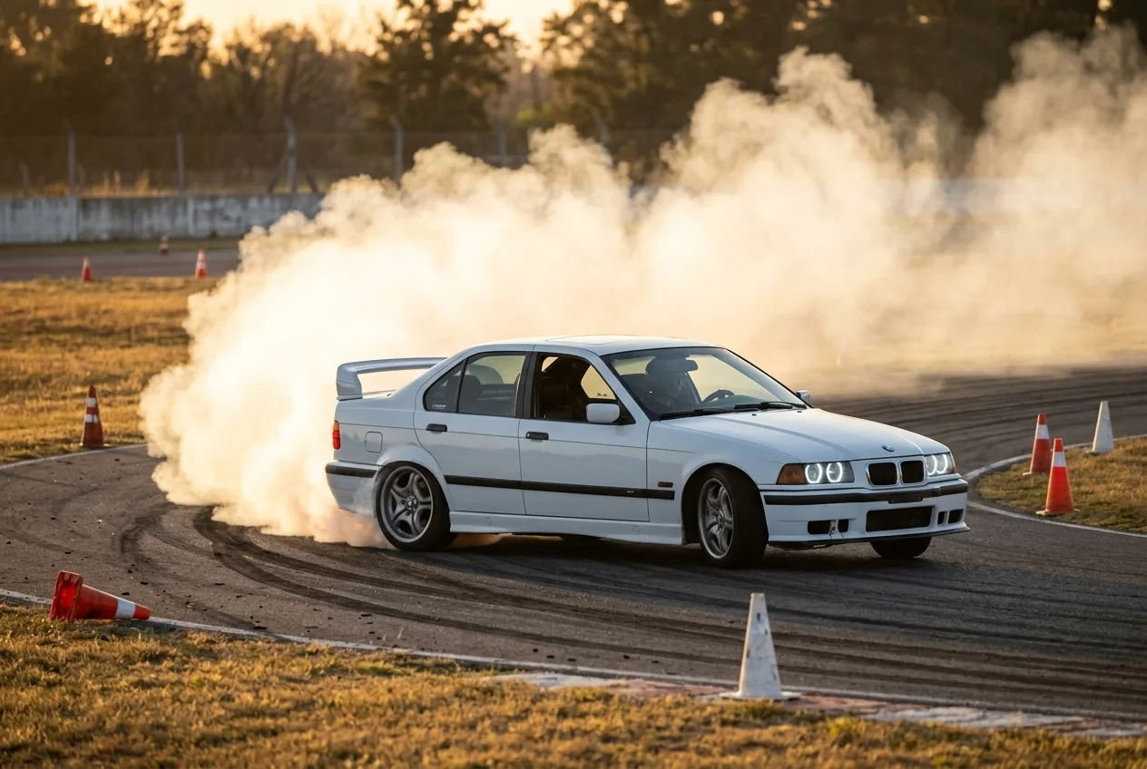 BMW E36 328i de traccion trasera derrapando entre conos en autodromo privado al atardecer cerca de Buenos Aires, regalo de experiencia para hombre que tiene todo