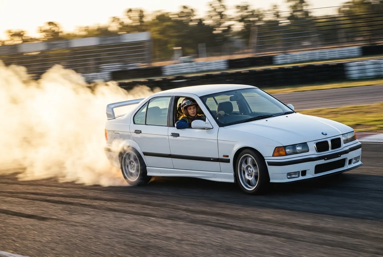 Mujer al volante de un BMW E36 drifteando en una pista cerrada de Buenos Aires, humo de neumáticos saliendo del auto