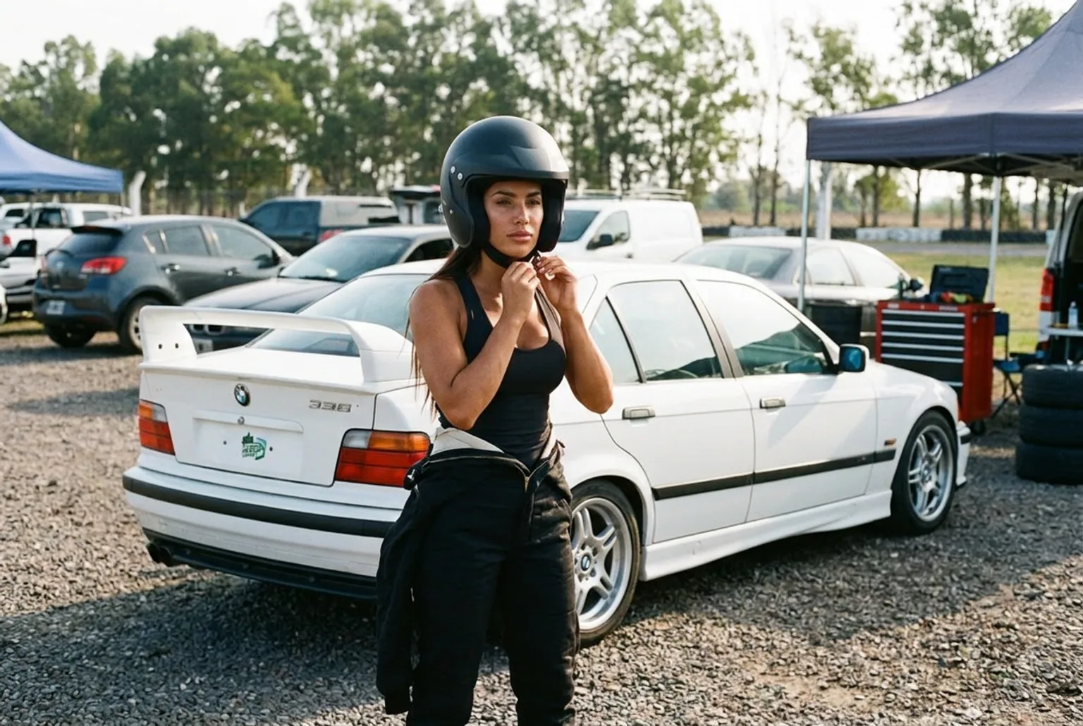 Mujer sola poniéndose el casco junto a un BMW E36 en el paddock de un autódromo de Buenos Aires
