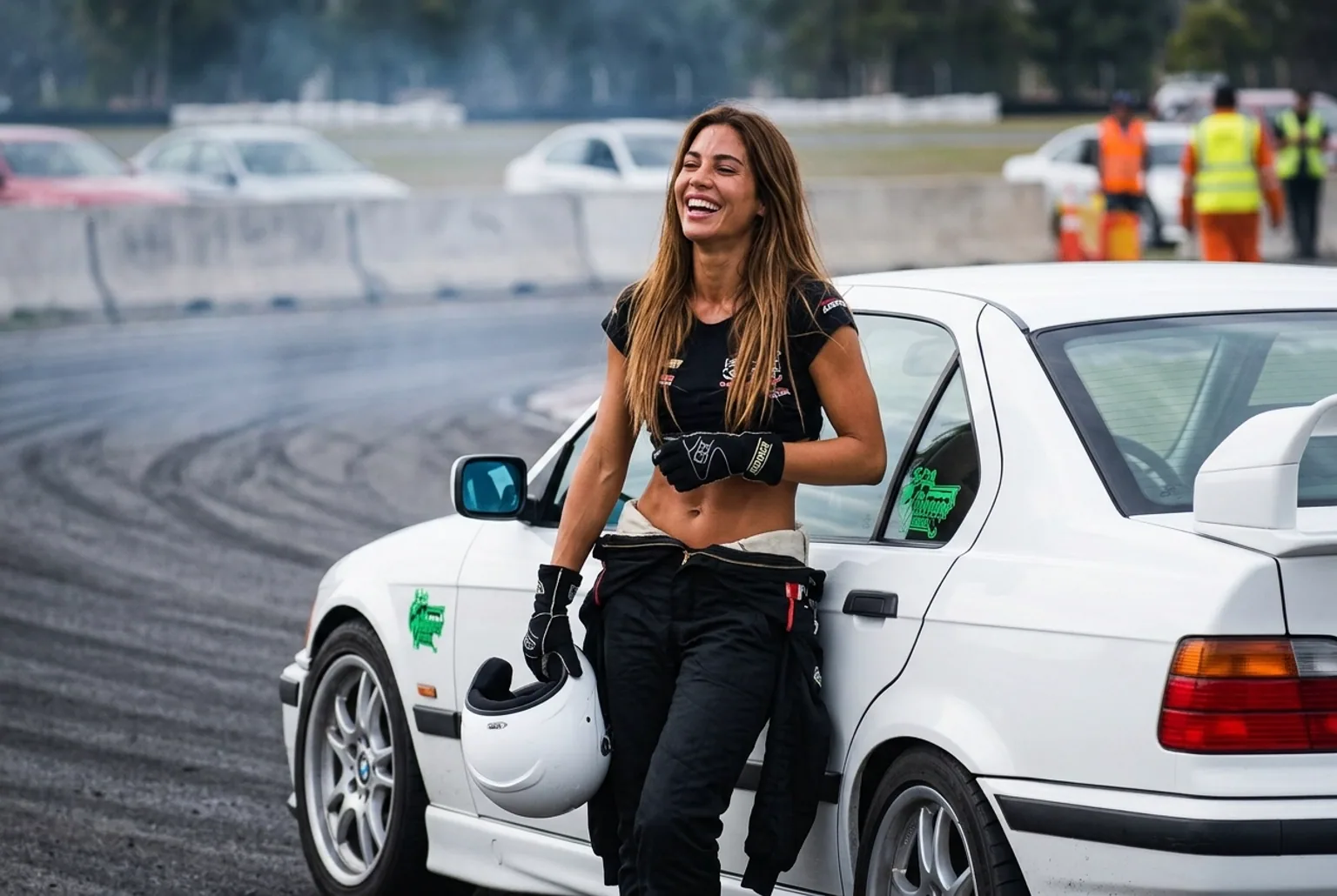 Mujer sonriendo después de driftear, apoyada en un BMW E36 en una pista cerrada de Buenos Aires