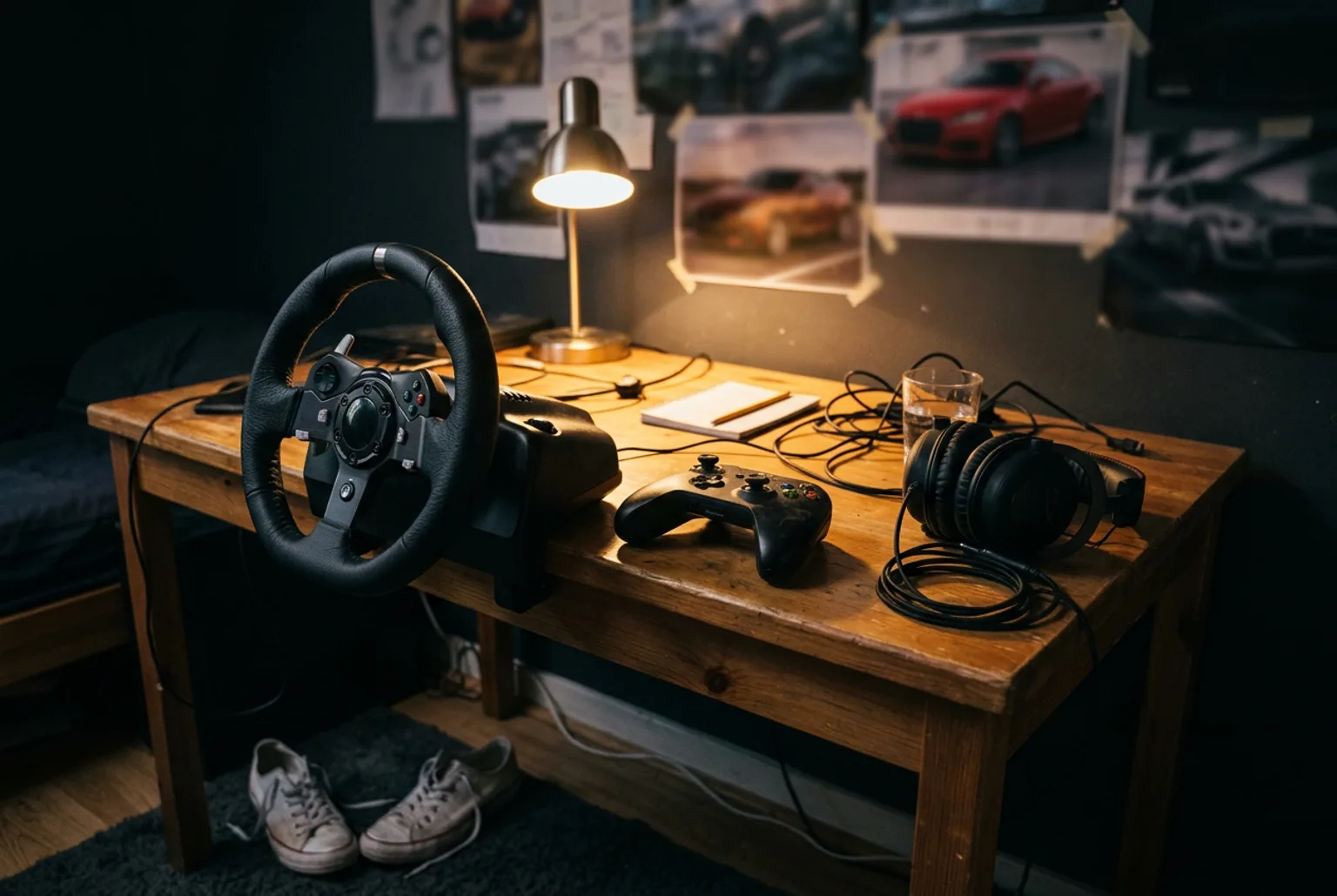 Escritorio de un adolescente con volante de simulador, joystick y auriculares gamer bajo una luz calida de lampara, con posters de autos desenfocados en la pared