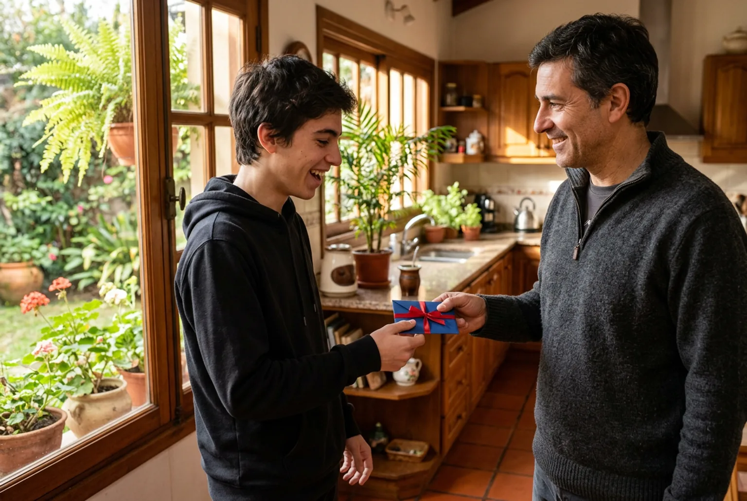 Padre de sweater gris entregando un sobre de regalo a su hijo adolescente de buzo negro en la cocina, con cara de sorpresa del chico