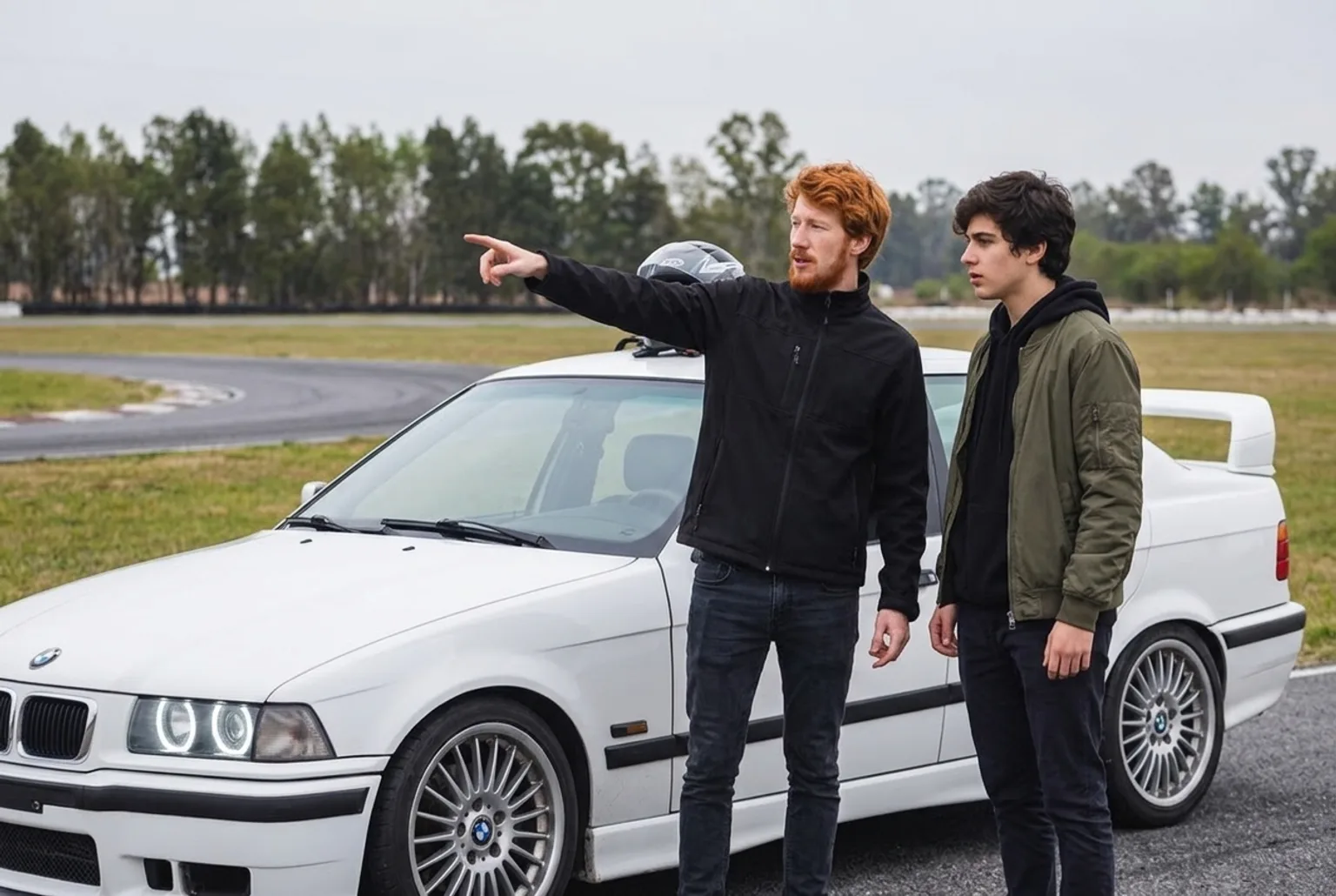 Instructor pelirrojo senalando la pista mientras le explica el recorrido a un alumno adolescente de buzo negro y campera verde oliva junto al BMW E36 blanco con un casco sobre el techo