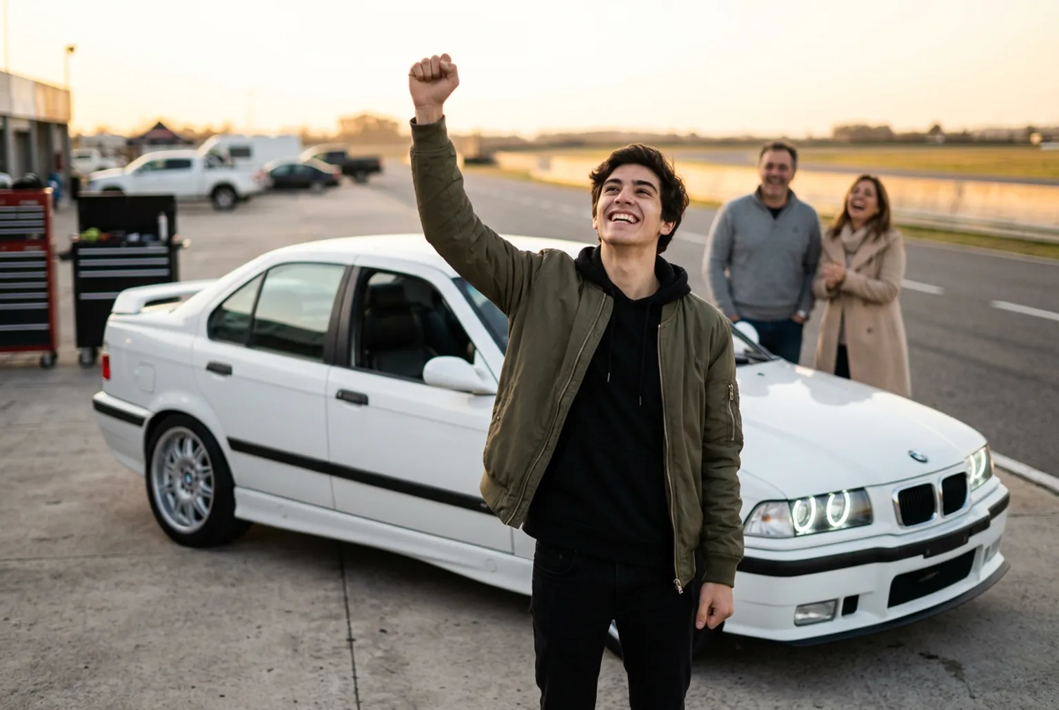 Joven de 18 anos festejando con el puno en alto junto al BMW E36 blanco mientras sus padres se rien desenfocados al fondo, con luz dorada de atardecer