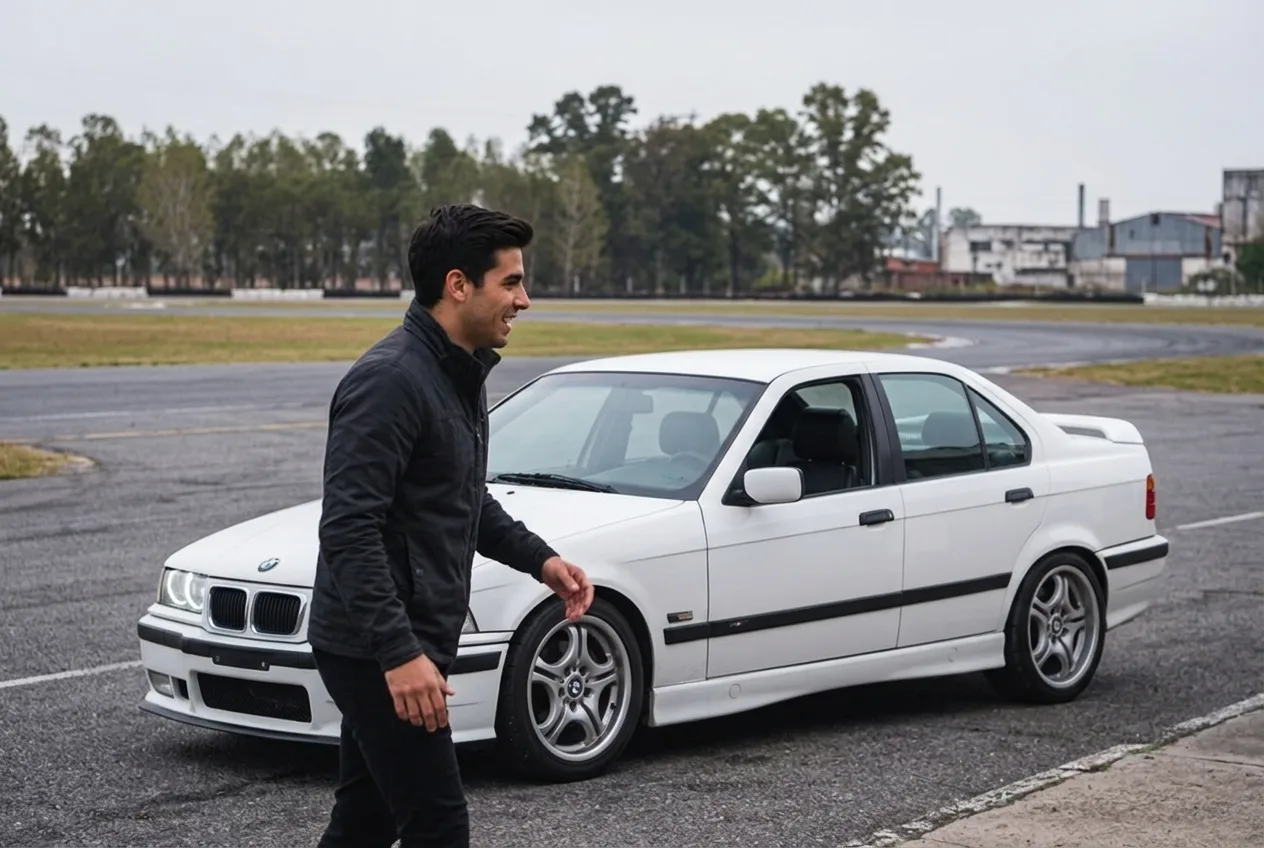 Joven de unos 25 años llegando a la pista para canjear su clase de drift de regalo, junto al BMW E36 blanco en una mañana nublada de Buenos Aires