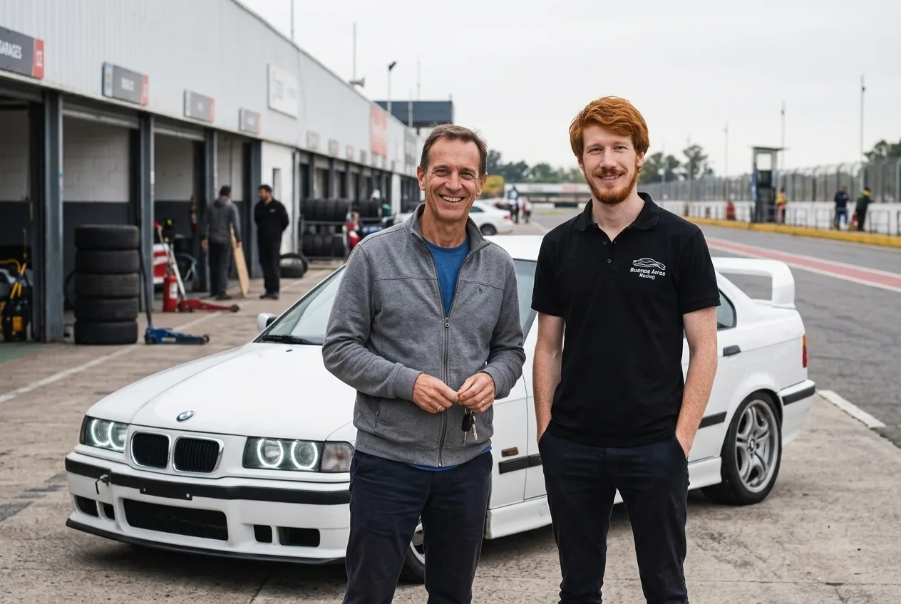 Hombre maduro y flaco bajando sonriente del BMW E36 blanco junto al instructor pelirrojo tras una clase de drift de regalo en un autodromo de Buenos Aires