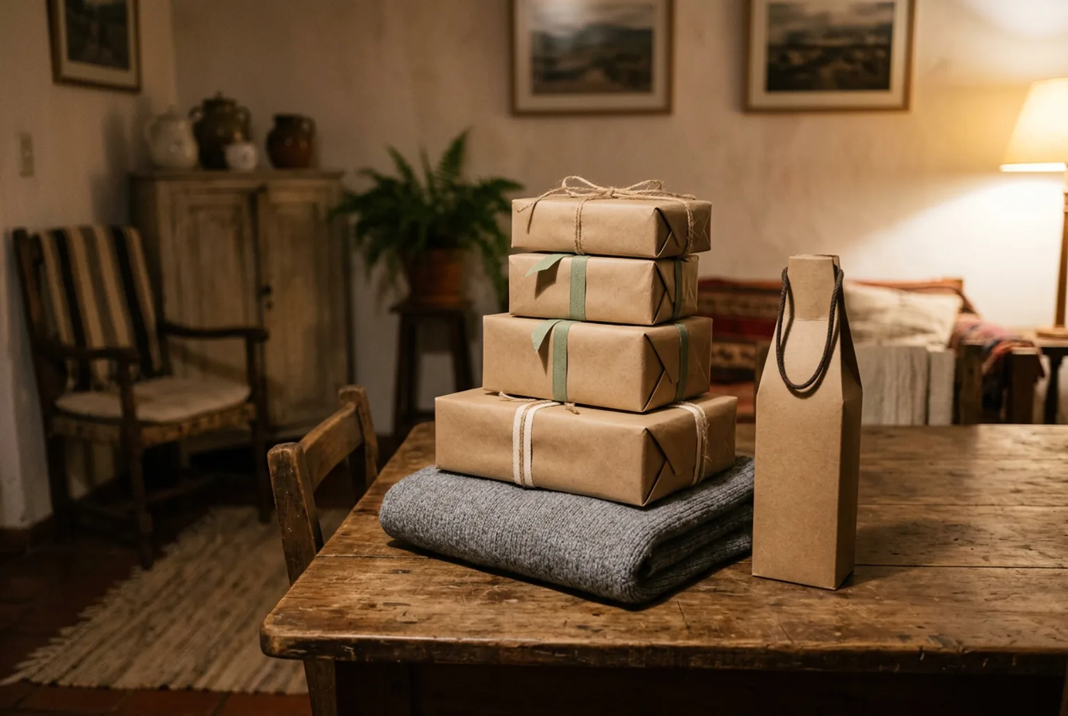 Pila de regalos predecibles sobre una mesa de madera: cajas envueltas en papel kraft, un sweater doblado y una bolsa de regalo con forma de botella